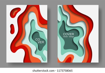 Vector paper cut layouts design set for presentations, flyers, posters. 3D realistic backgrounds with papercut shapes. Vertical paper cutout template for banner, brochure cover, booklet design.