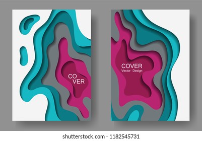 Vector paper cut layouts design set for presentations, flyers, posters. 3D simple backgrounds with papercut shapes. Vertical paper cutout template for banner, brochure cover, booklet design.