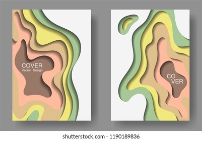 Vector paper cut layouts design collection for covers, flyers, posters. 3D abstract backgrounds with papercut shapes. Vertical paper cutout template for banner, brochure cover, booklet design.