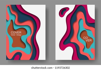 Vector paper cut layouts design set for presentations, flyers, posters. 3D origami backgrounds with papercut shapes. Vertical paper cutout template for banner, brochure cover, booklet design.