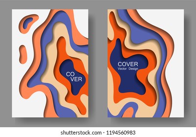 Vector paper cut layouts design set for presentations, flyers, posters. 3D origami backgrounds with papercut shapes. Vertical paper cutout templates for banner, brochure cover, booklet design.
