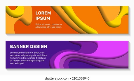 Vector paper cut layouts design set web headers or horizontal banners. 3D realistic backgrounds with papercut shapes. Paper cutout templates for website headers design.