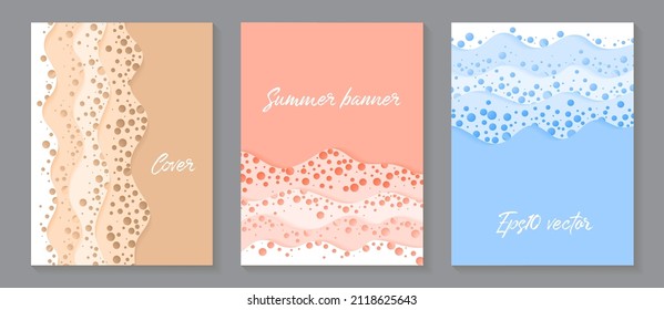 Vector paper cut layouts design set for presentations, flyers, posters. 3D backgrounds with papercut shapes of sea waves with foam. Paper cutout templates for banner brochure cover booklet design.