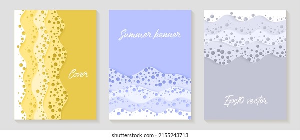 Vector paper cut layouts design set for presentations, flyers, posters. 3D backgrounds with papercut shapes of sea waves with foam. Paper cutout templates for banner brochure cover booklet design.