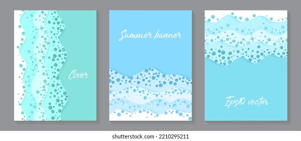 Vector paper cut layouts design set for presentations, flyers, posters. 3D backgrounds with papercut shapes of sea waves with foam. Paper cutout templates for banner brochure cover booklet design.