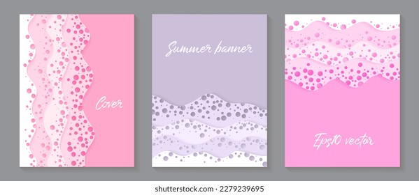 Vector paper cut layouts design set for presentations, flyers, posters. 3D backgrounds with papercut shapes of sea waves with foam. Paper cutout templates for banner brochure cover booklet design.