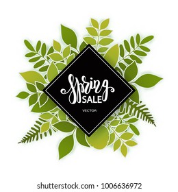 Vector paper cut leaves and berries. Summer tropical banner with green palm leaves. Seasonal poster in trendy paper cut style. Design template for print or web. 