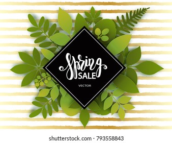 Vector paper cut leaves, golden stripes. Summer tropical banner with green palm leaves. Seasonal poster in trendy paper cut style. Design template for print or web. 