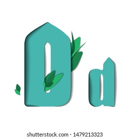 Vector paper cut letter D. Papercut effect isolated on white background. Decoration element with green leaves for birthday or greeting design.