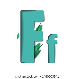 Vector paper cut letter F. Papercut effect isolated on white background. Decoration element with green leaves for birthday or greeting design.