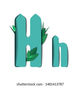 Vector paper cut letter H. Papercut effect isolated on white background. Decoration element with green leaves for birthday or greeting design.