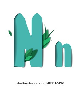 Vector paper cut letter N. Papercut effect isolated on white background. Decoration element with green leaves for birthday or greeting design.