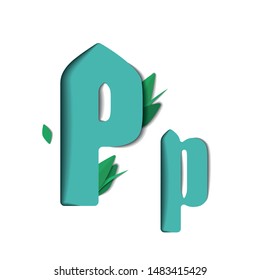 Vector paper cut letter P. Papercut effect isolated on white background. Decoration element with green leaves for birthday or greeting design.