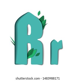 Vector paper cut letter R. Papercut effect isolated on white background. Decoration element with green leaves for birthday or greeting design.