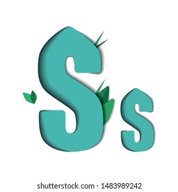Vector paper cut letter S. Papercut effect isolated on white background. Decoration element with green leaves for birthday or greeting design.