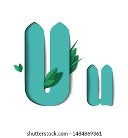 Vector paper cut letter U. Papercut effect isolated on white background. Decoration element with green leaves for birthday or greeting design.