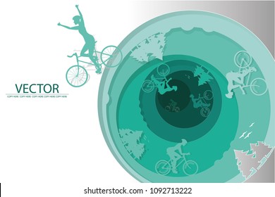 Vector Paper Cut Man Riding Bicycle In The Wood.bicycle Challenge.the Winner.tournament.natural Background