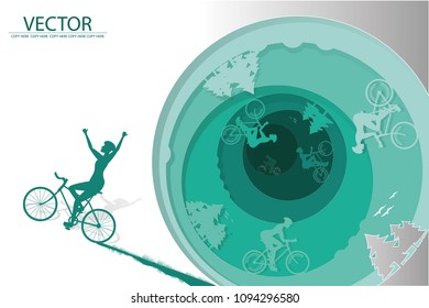 Vector Paper Cut Man Riding Bicycle In The Wood.bicycle Challenge.the Winner.tournament.natural Background