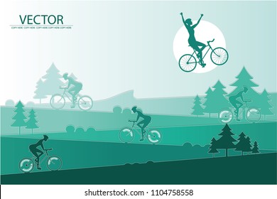 vector paper cut man riding bicycle in the wood.bicycle challenge.the winner.tournament.natural background