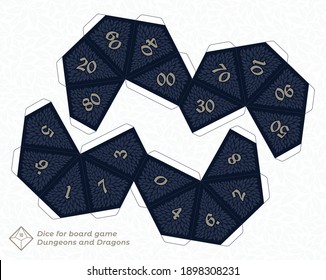 Vector paper cut model of 10 sided dice for board games. White background.