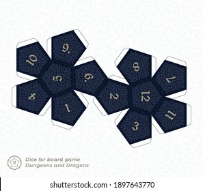 Vector paper cut model of 12 sided dice for board games. White background. svg