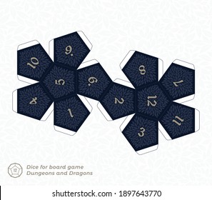 Vector paper cut model of 12 sided dice for board games. White background.