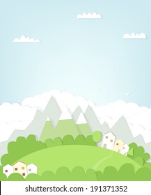  Vector Paper cut mountain landscape with house