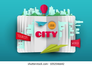 Vector paper cut open book with skyscrapers, airplane, clouds . Cartoon art illustration in minimalistic craft carving style. Modern layout colorful concept for background cover, poster, card.