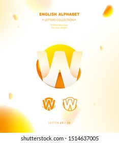 Vector paper cut origami alphabet. Bubble letter W logo template. Material design, flat, line, glossy, twisted style