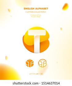Vector paper cut origami alphabet. Bubble letter T logo template. Material design, flat, line, glossy, twisted style