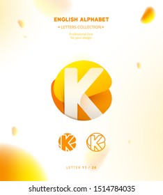 Vector paper cut origami alphabet. Bubble letter K logo template. Material design, flat, line, glossy, twisted style