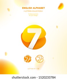 Vector paper cut origami alphabet. Bubble number 7 logo template. Material design, flat, line, glossy, twisted style