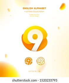 Vector paper cut origami alphabet. Bubble number 9 logo template. Material design, flat, line, glossy, twisted style