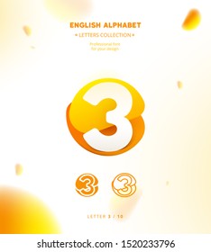 Vector paper cut origami alphabet. Bubble number 3 logo template. Material design, flat, line, glossy, twisted style