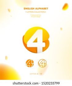 Vector paper cut origami alphabet. Bubble number 4 logo template. Material design, flat, line, glossy, twisted style