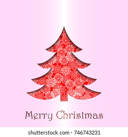 Vector paper cut out Christmas tree on red background with snowflakes. Design elements for greeting cards, banners, website.