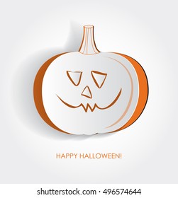 Vector paper cut out pumpkin. Happy Halloween card. Realistic 3d illustration, Funny festive notch out and sticker. Creative idea for banner, poster, advertisement.Stylish White paper illustration