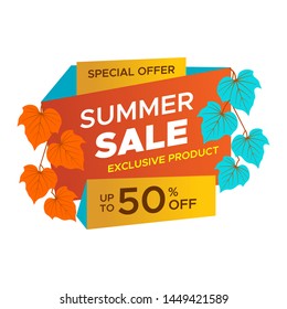Vector paper cut poster with leaves and text Summer Sale
