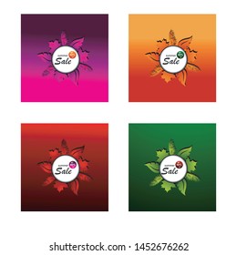 Vector paper cut poster with leaves and text in Summer Sales in a white round frame. with a background of several colors of banner design templates.
