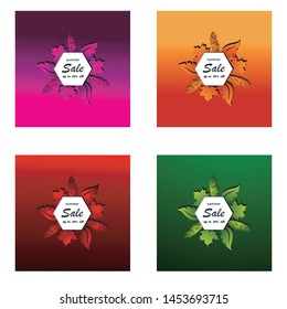 Vector paper cut poster with leaves and text in Summer Sales in a white round frame. with a background of several colors of banner design templates.