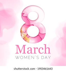 Vector Paper Cut Poster. Text 8 March International Women's Day. Pink Watercolor Texture. Romantic Banner.