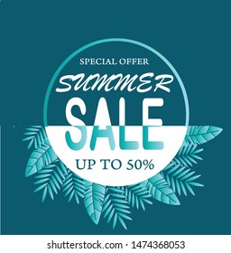 Vector paper cut poster with tropical leaves and text Summer Sale. Banner design template.