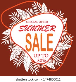 Vector paper cut poster with tropical leaves and text Summer Sale. Banner design template.