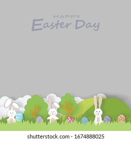 Vector paper cut. With rabbits, grassland, sky and Easter eggs. For Easter day background.