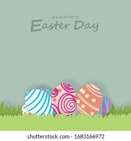 Vector paper cut. With rabbits, grassland, sky and Easter eggs. For Easter day background.