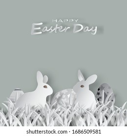 Vector paper cut. With rabbits, grassland, sky and Easter eggs. For Easter day background.