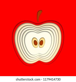 Vector paper cut red apple, cut shapes. 3D abstract paper art style, origami concept design, food packaging, advertising, detox, cosmetics, healthy eating.
