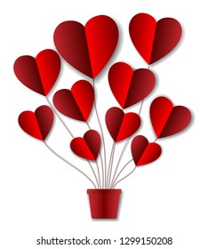 Vector paper, cut a red heart shaped balloon floating up, tied to a beautiful red pot, Use valentine card.