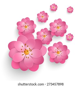 Vector paper cut sakura flowers. Floral volumetric composition. Elegant element for invitaion cards.
