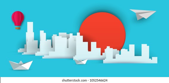 Vector paper cut skyscrapers with airplane, balloon and boat. Cartoon art illustration in minimalistic craft carving style. Modern layout colorful concept for background cover, poster, card.